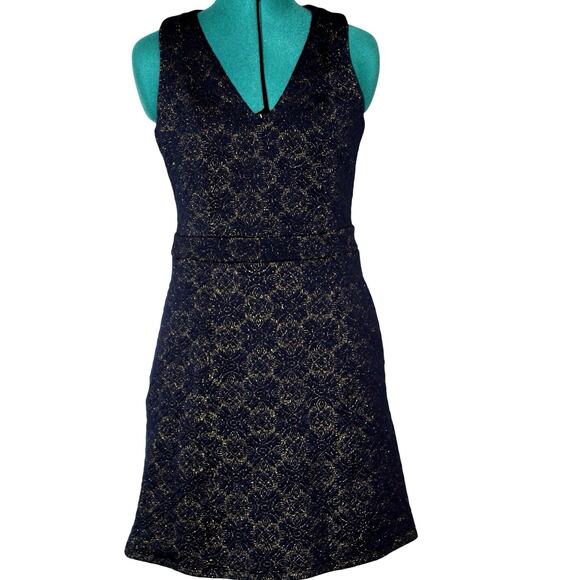 NWT Michael Kors Navy Gold Brocade Sleeveless V-Neck Dress Size Small - Picture 2 of 6